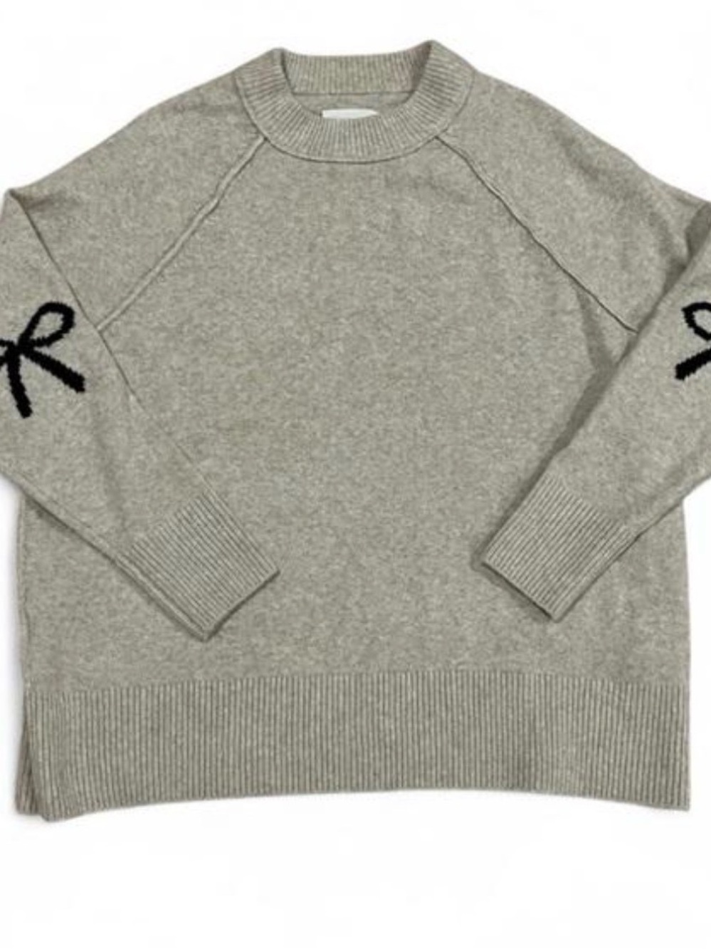 aerie Light Gray Crewneck Sweater with Black Sleeve Bows